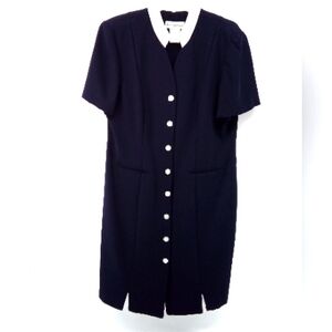 Vintage Dressbarn Vegan Navy Blue Peter Pan Collar Dress Suit 14 Shoulder Pads